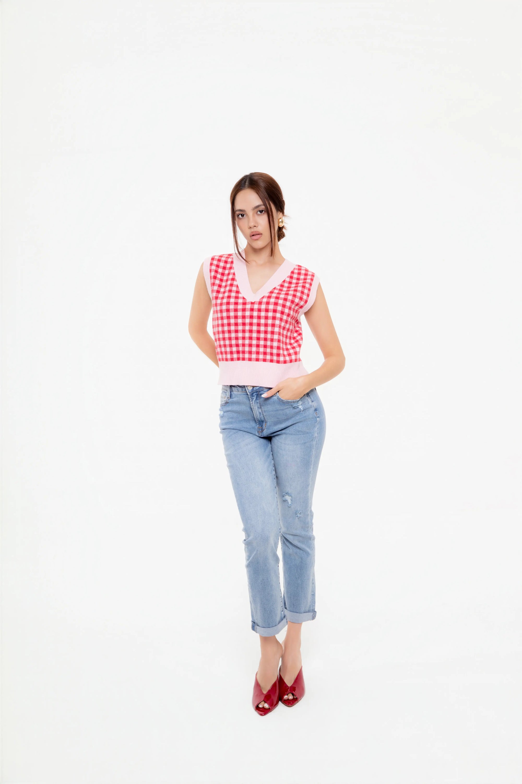 Camiseta Punto sin Mangas Rojo y Rosa