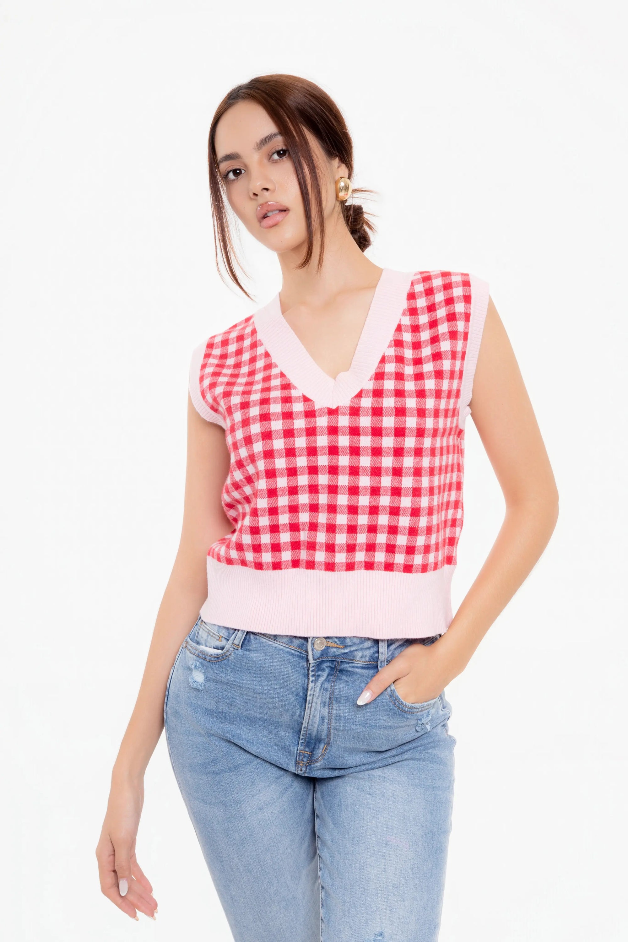 Camiseta Punto sin Mangas Rojo y Rosa