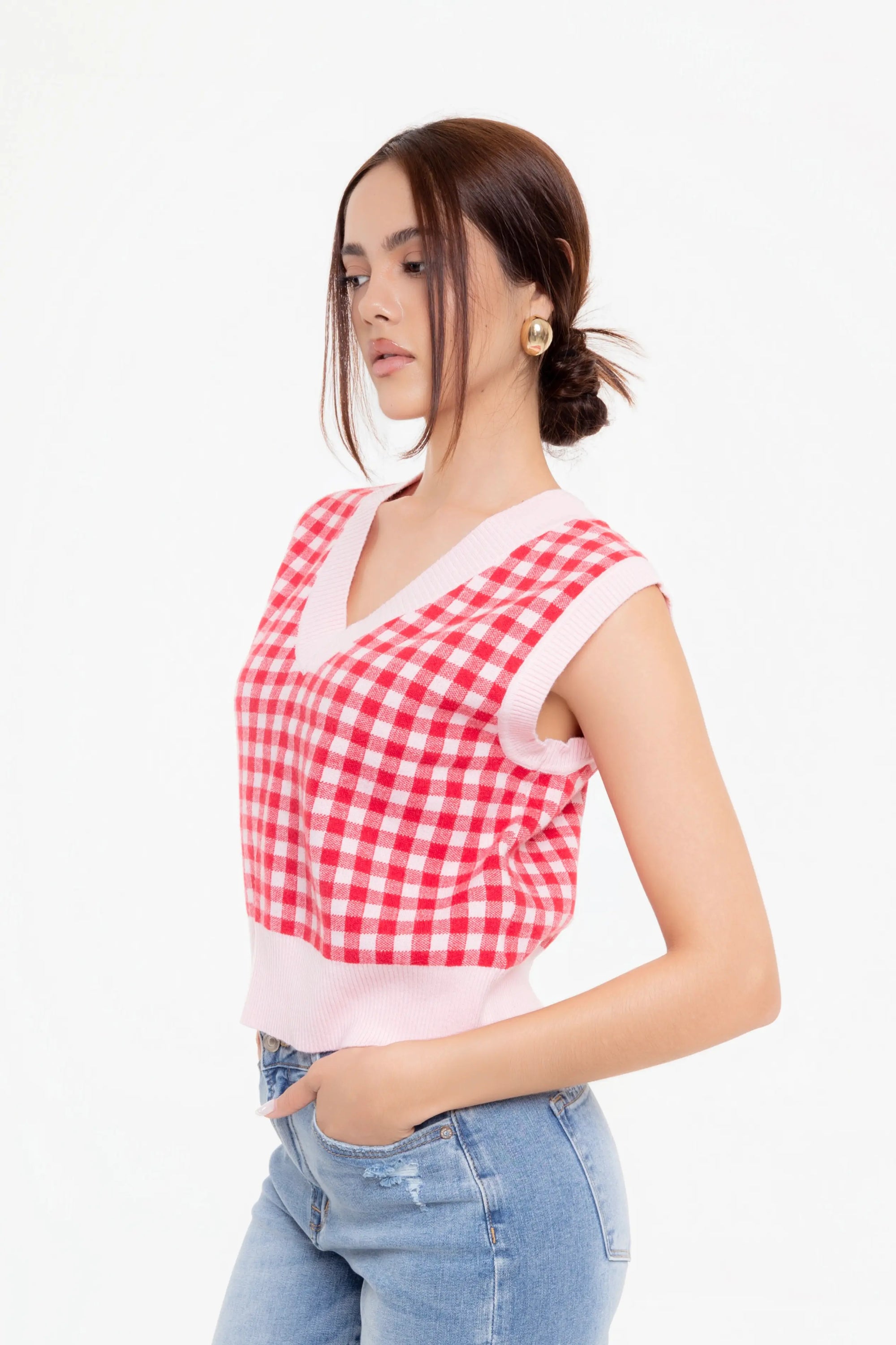 Camiseta Punto sin Mangas Rojo y Rosa
