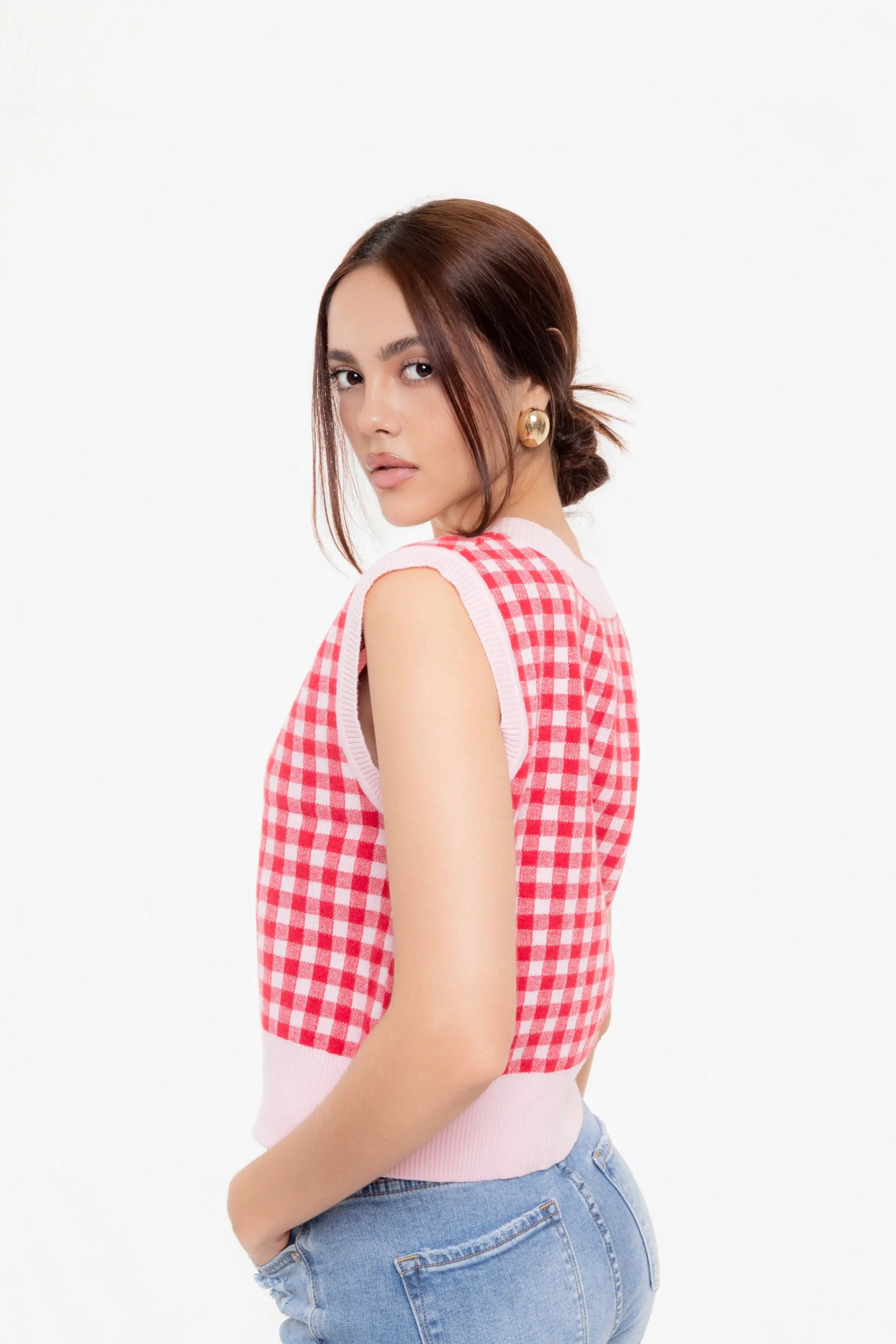 Camiseta Punto sin Mangas Rojo y Rosa