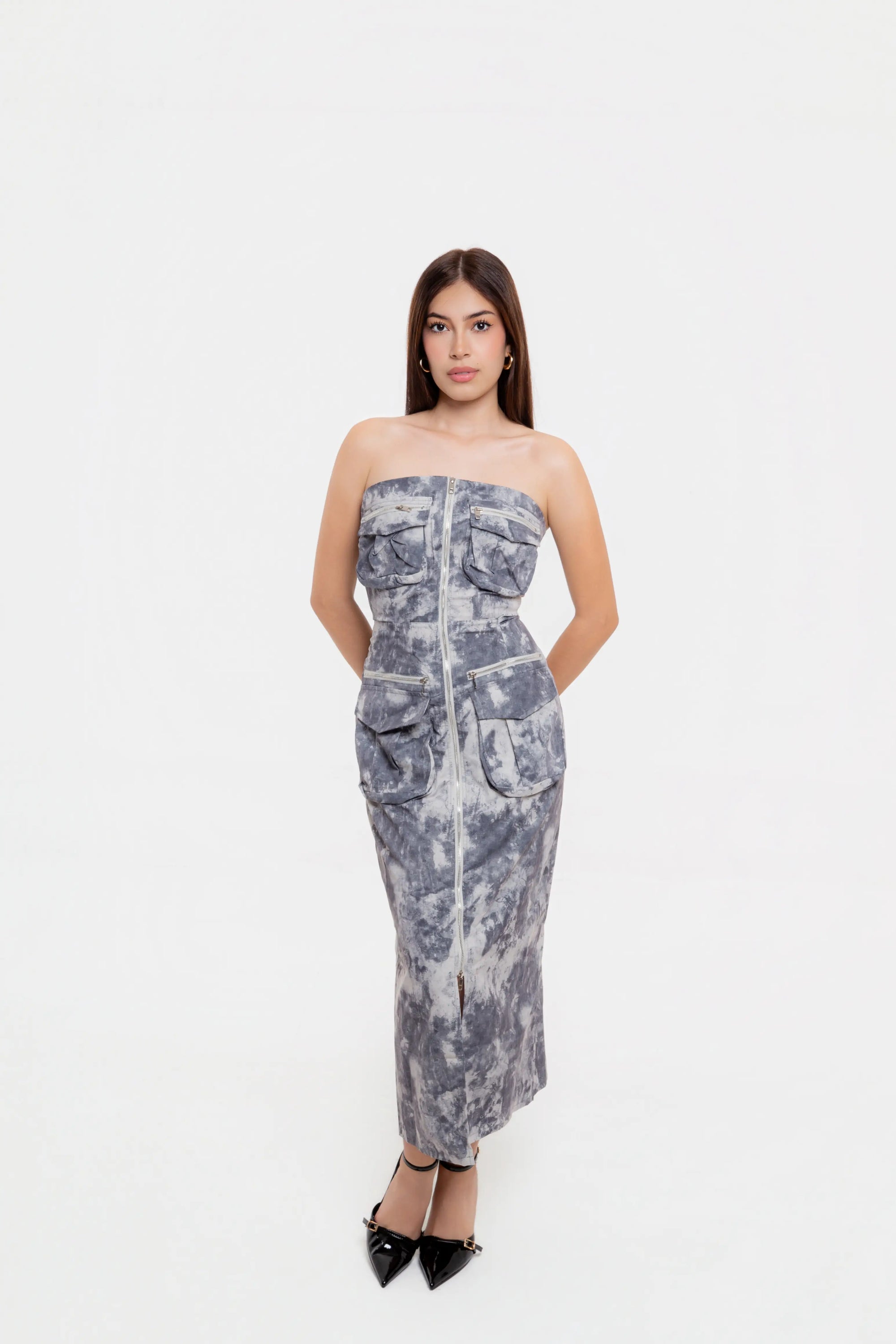 Vestido Midi Strapless Gris