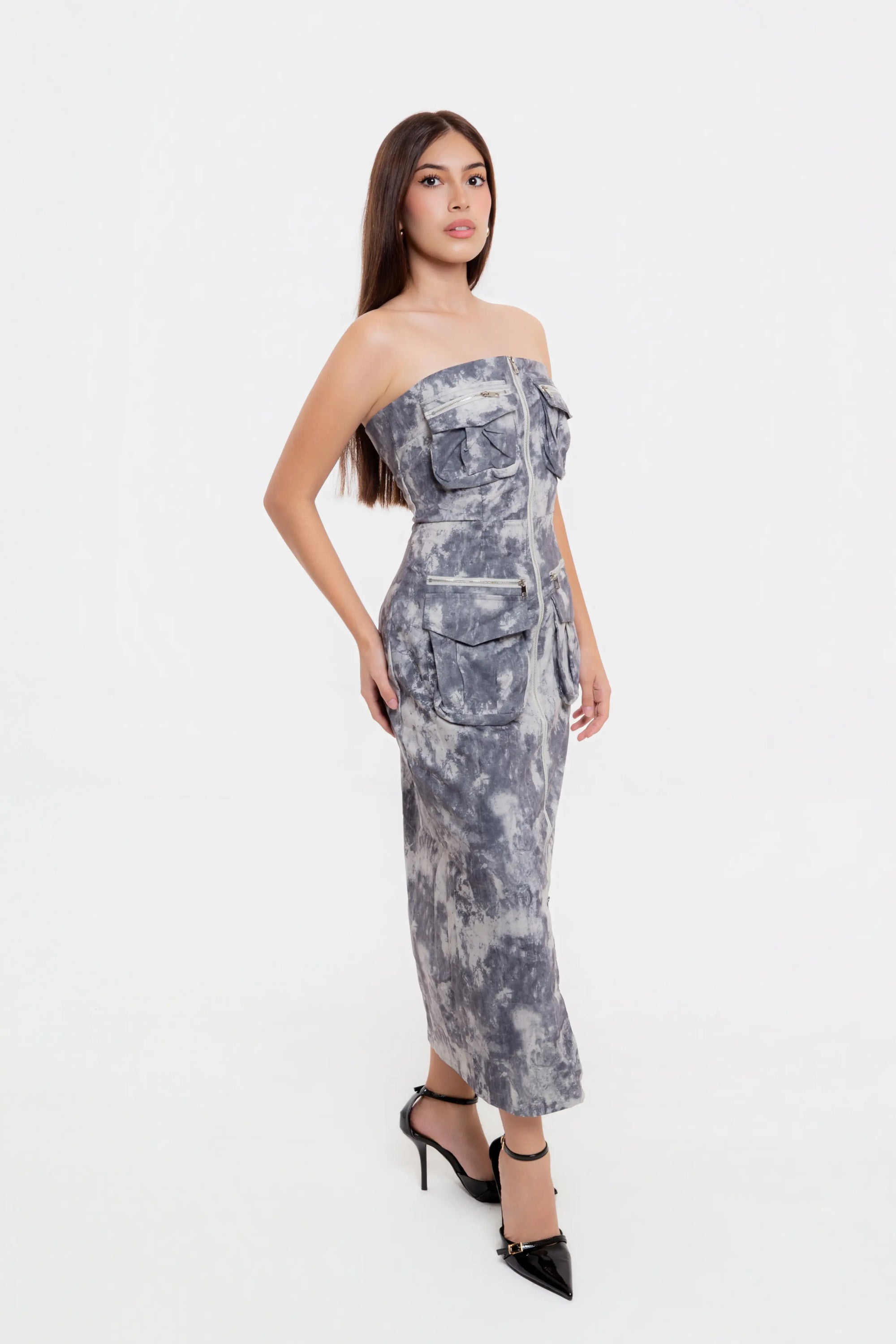 Vestido Midi Strapless Gris