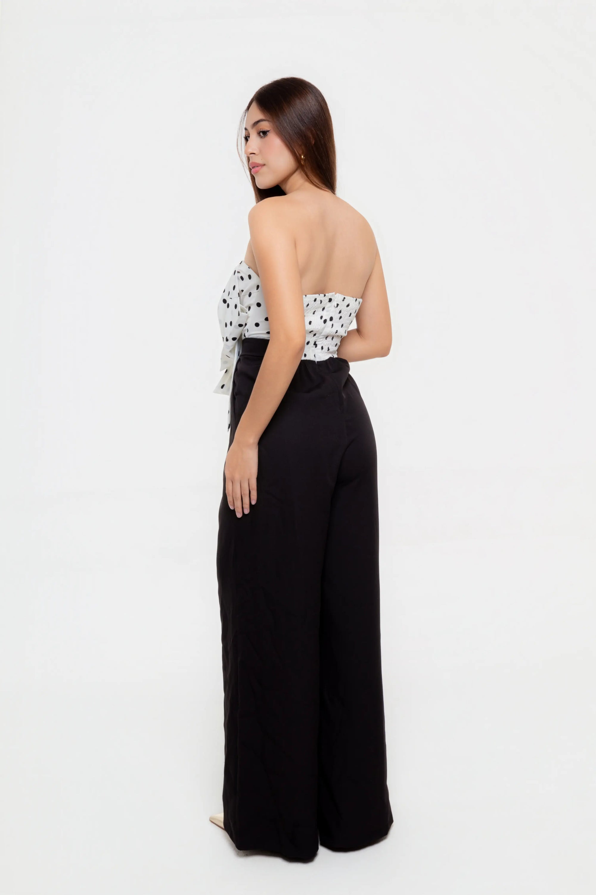 Jumpsuit Strapless Blanco con Negro de Lunares