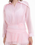 Vestido Corto Camisero Rosa con Cinturón Flor