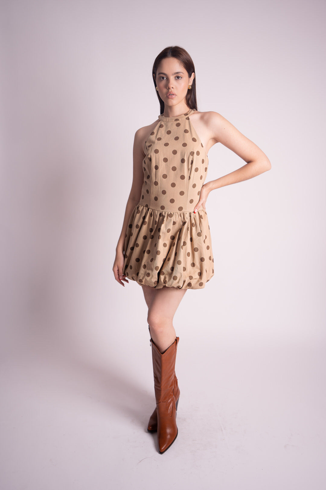 Vestido de Lunares Corto Beige