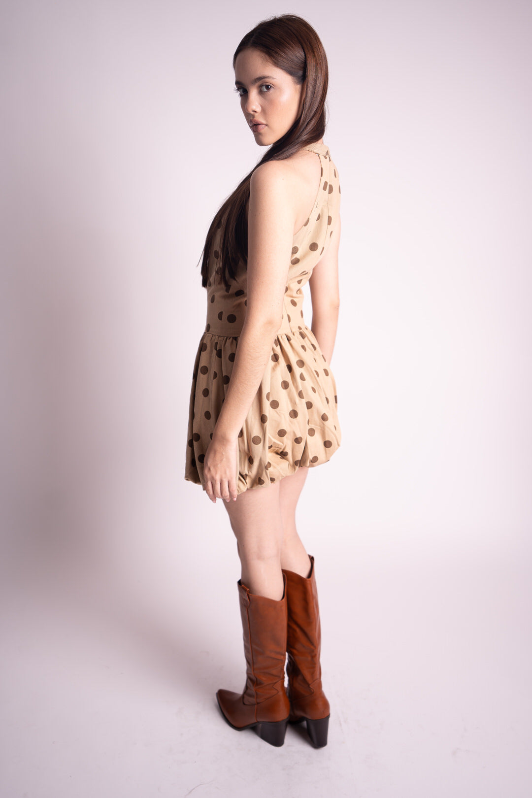 Vestido de Lunares Corto Beige