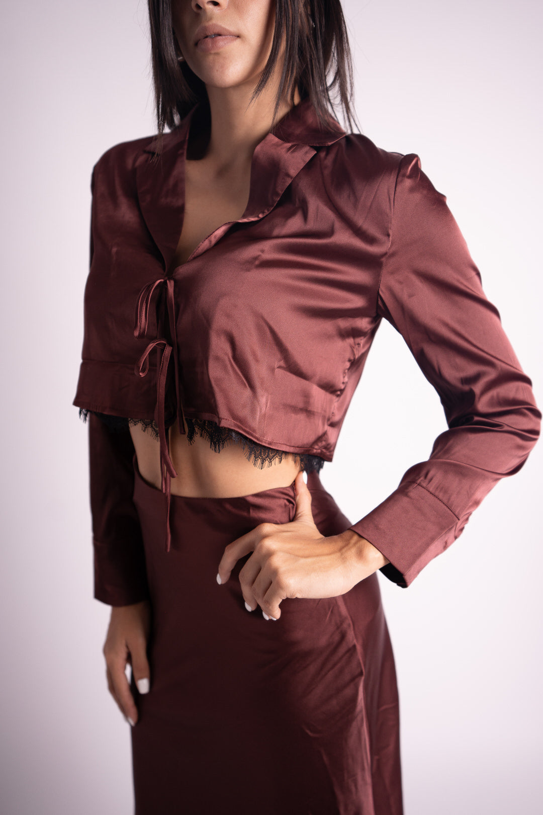 Conjunto Falda y Blusa Satinado Burgundy